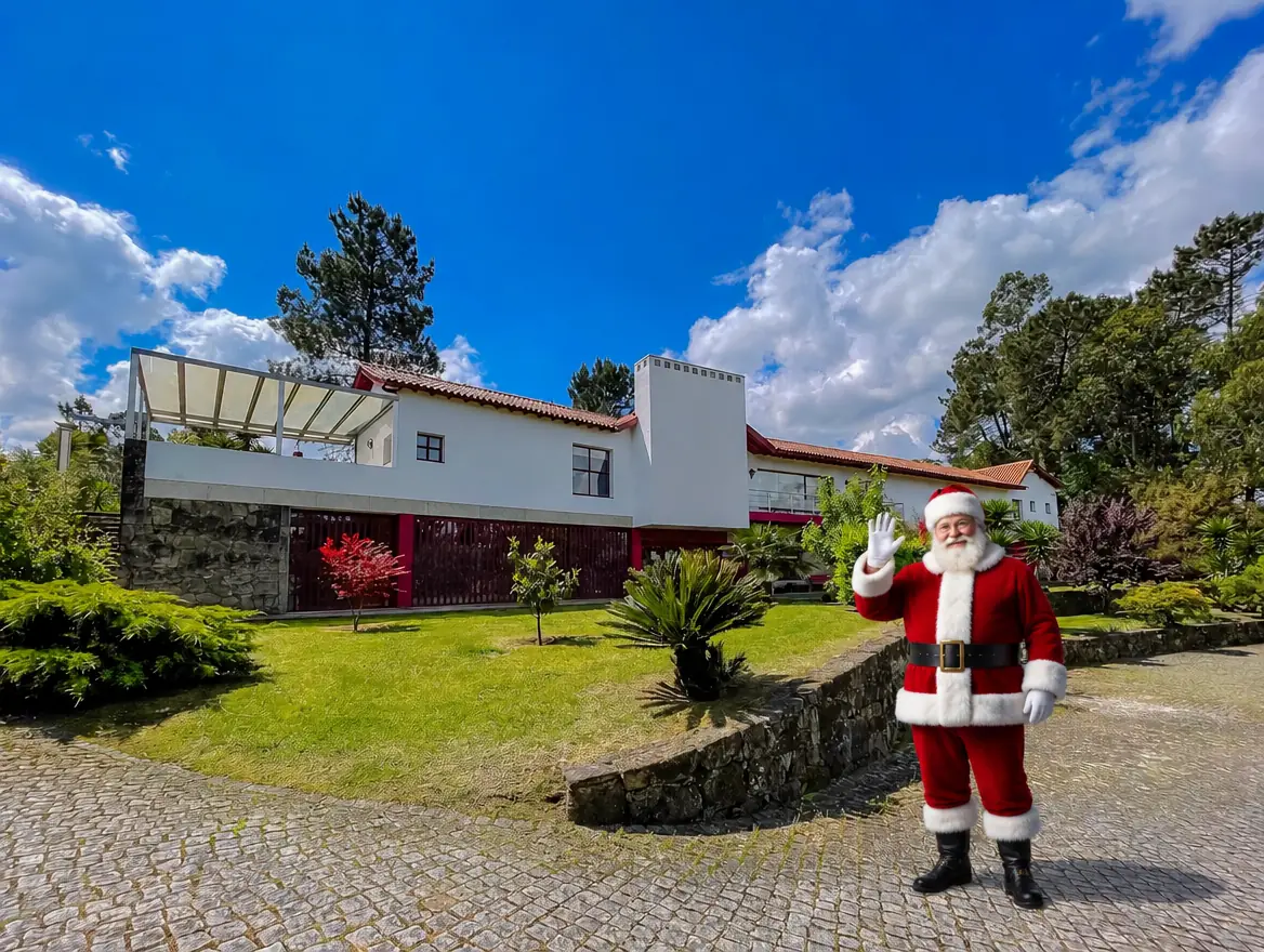 Papá Noel saludando en el camino empedrado frente a la casa principal de la Quinta dos Ferrage